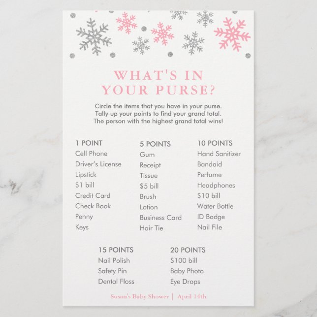 Pink Snowflake What's in Your Purse Game Card (Front)