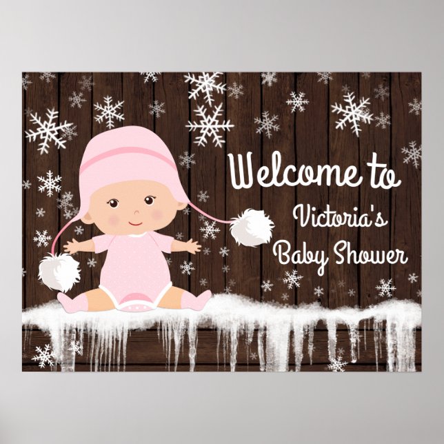 Pink Snowflake Winter Baby Shower Sign (Front)