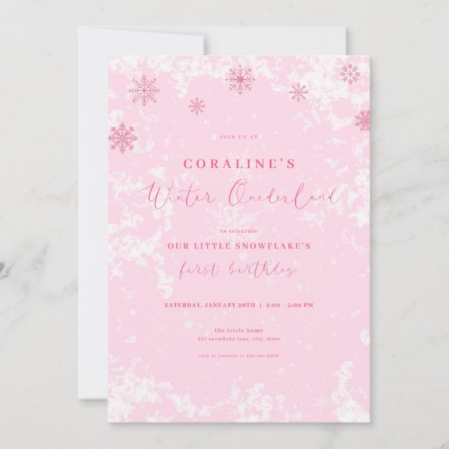 Pink Snowflake Winter Onederland Birthday Invite (Front)