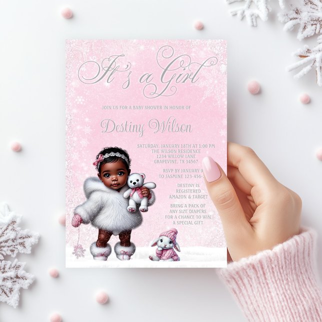 Pink Snowflake Winter Wonderland Baby Shower Invitation (Adorable baby girl winter wonderland baby shower invitation. )