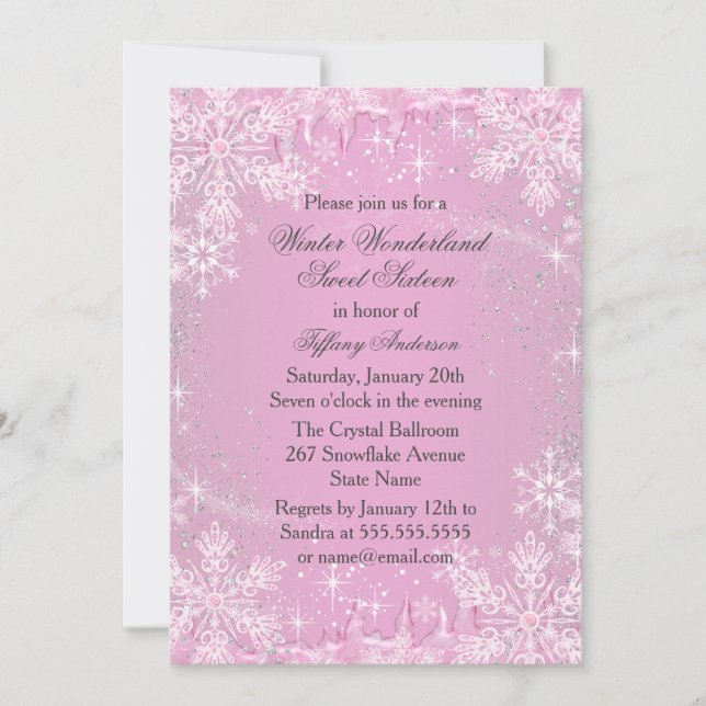 Pink Snowflake Winter Wonderland Sweet 16 Invite (Front)