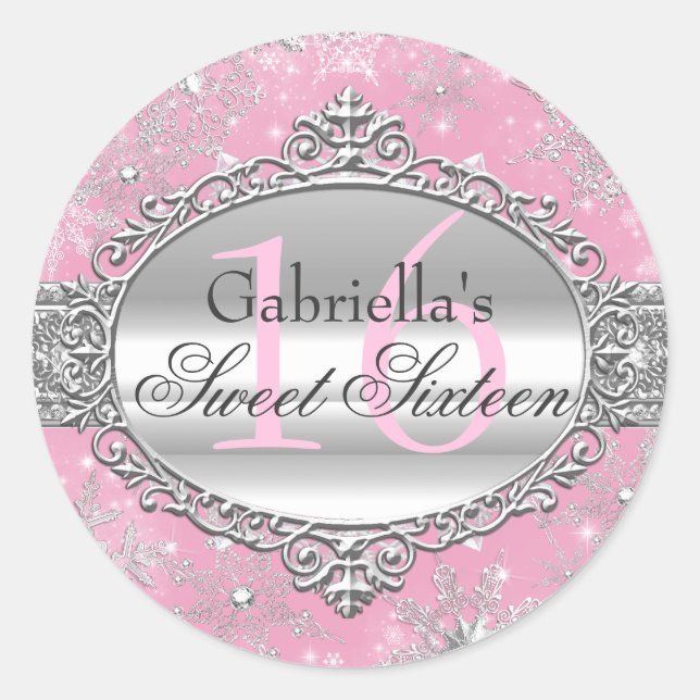 Pink Snowflake Winter Wonderland Sweet 16 Sticker (Front)
