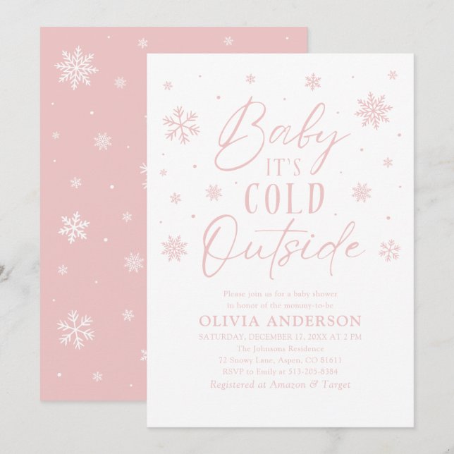 Pink Snowflakes Baby It's Cold Outside Baby Shower Invitation (Front/Back)