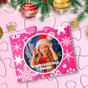 Pink Snowflakes Christmas Personalized Kids Photo Jigsaw Puzzle