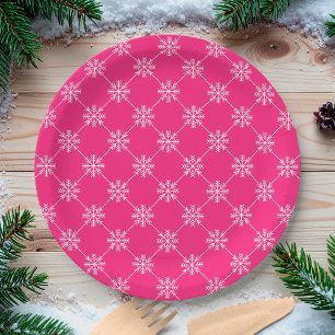 Pink Snowflakes Diagonal Square Pattern Paper Plate