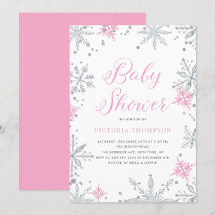 Pink Snowflakes Glitter Winter Baby Shower Invitation