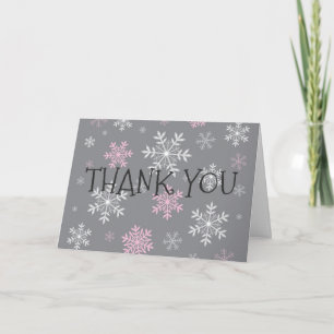 Pink Snowflakes Hiver Gris Poulage Carte de remerc