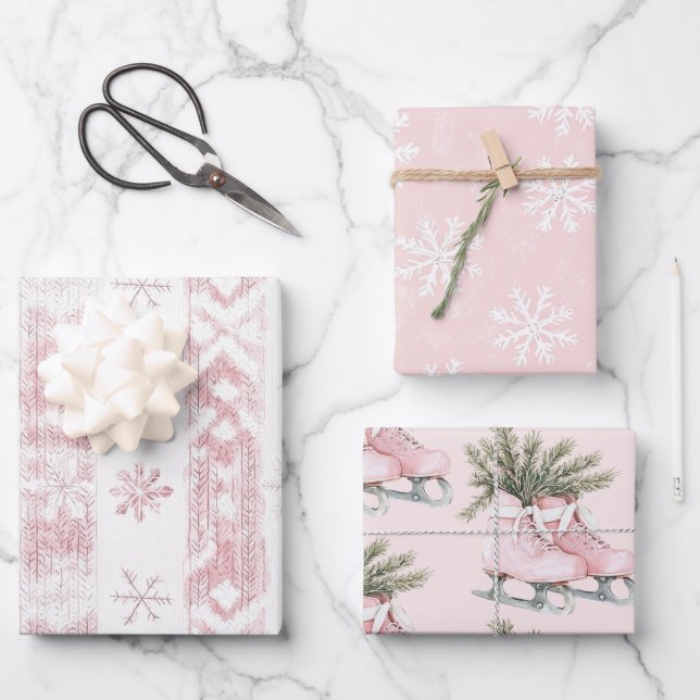 Pink Snowflakes Ice Skates Christmas  Wrapping Paper Sheet (Front)