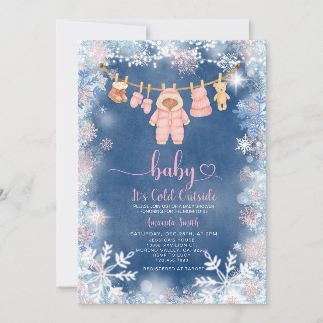 Pink Snowflakes Its Cold Outside  Baby Shower Invitation (Front)