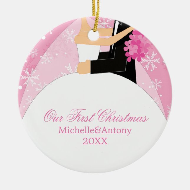 Pink Snowflakes "Our First Christmas" Ceramic Ornament (Front)
