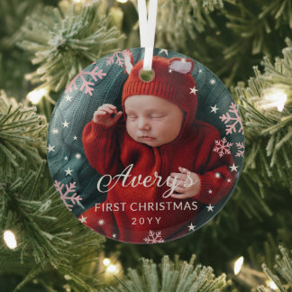 Pink Snowflakes & Stars Baby's 1st Christmas Photo Glass Ornament