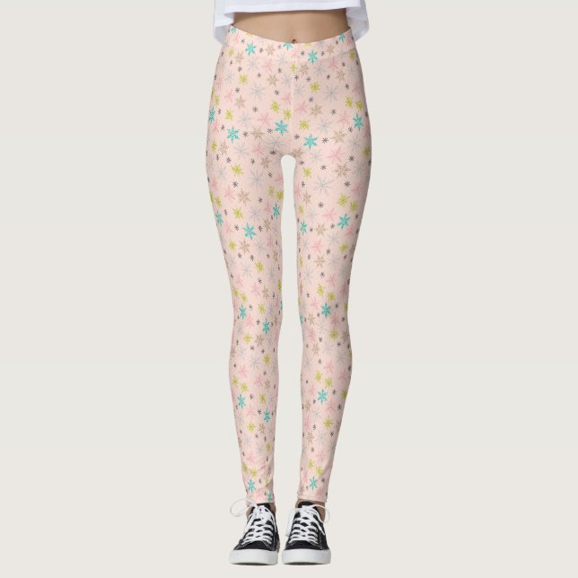 Pink Snowflakes Turquoise Lime Green Grey Leggings (Front)