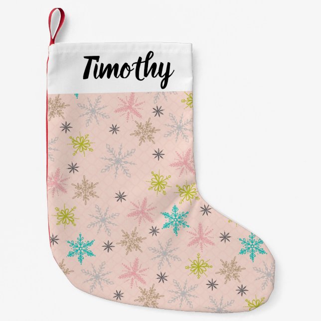 Pink Snowflakes Turquoise Lime Green Grey Small Christmas Stocking (Front)