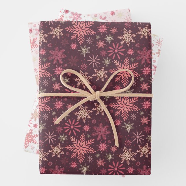 Pink Snowflakes Wrapping Paper Flat Sheet Set of 3 (In situ)