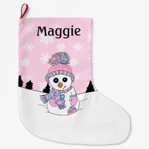 Pink Snowman and Snowflakes Personalized  Large Christmas Stocking
