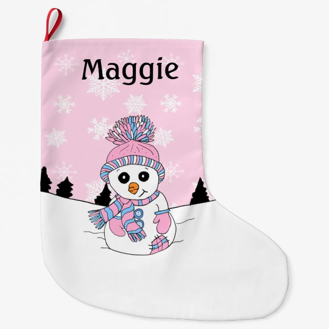 Pink Snowman and Snowflakes Personalized  Large Christmas Stocking (Front)