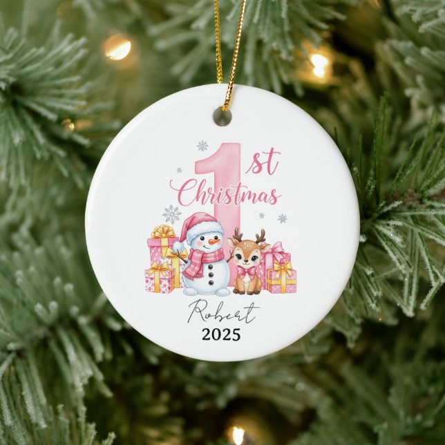 Pink Snowman Baby First Christmas Ceramic Ornament (Tree)