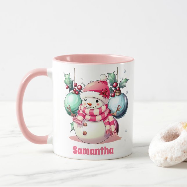 Pink Snowman Christmas Kids Hot Chocolate Mug (With Donut)