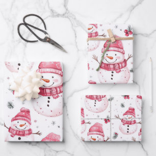 Pink Snowman Christmas Wrapping Paper Sheet