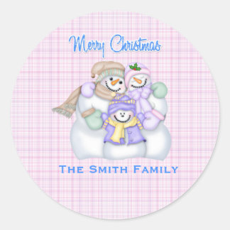 Pink Snowman Family Custom Christmas Holiday Classic Round Sticker
