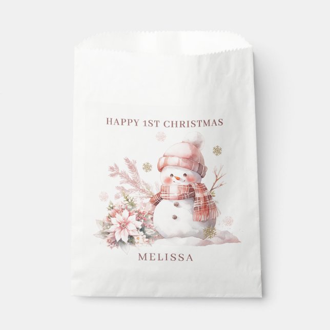 Pink Snowman Girl 1st Christmas Favour Bags (Front)