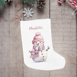 Pink snowman girl name small christmas stocking<br><div class="desc">White background with a pink snowman,  girl.   Personalize and add a name.</div>