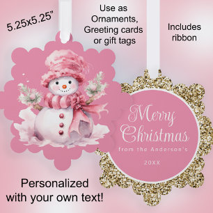 Pink Snowman Gold Merry Christmas Greeting Ornament Card