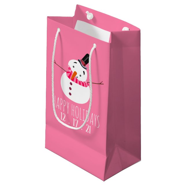 Pink Snowman, Happy Holidays Small Gift Bag (Front Angled)