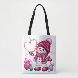 Pink Snowman Heart Fairy Lights Christmas Name Tote Bag
