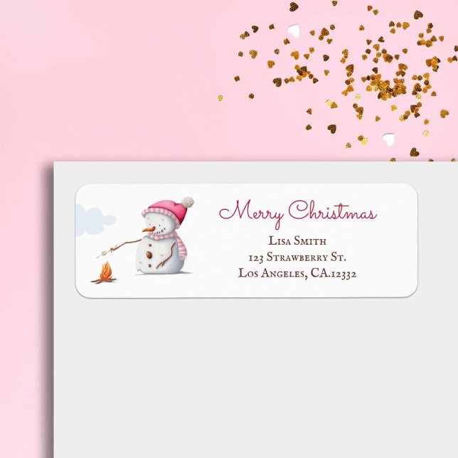 Pink Snowman Marshmallows Christmas Return Address (Creator Uploaded)