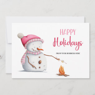 Pink Snowman Marshmallows Happy Holidays Business Holiday Card