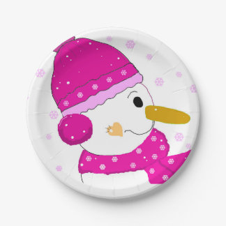 Pink Snowman Paper Plate