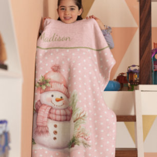 Pink Snowman Polka Dot Custom Fleece Blanket