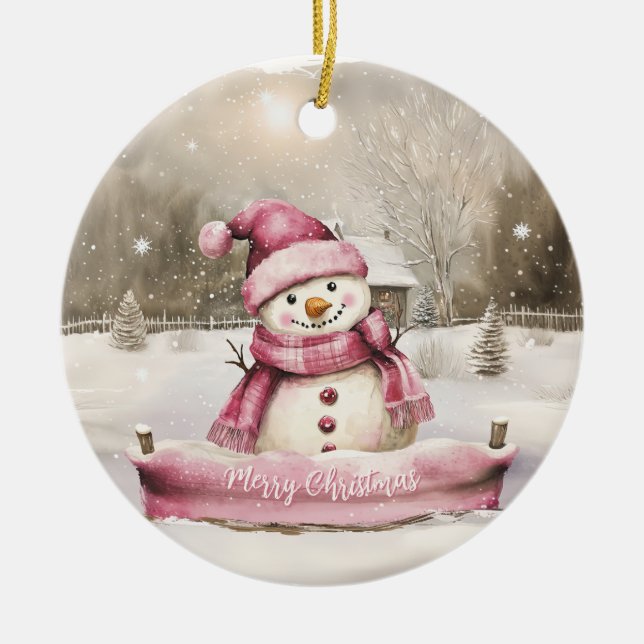 Pink Snowman Vintage Christmas Ceramic Ornament (Front)