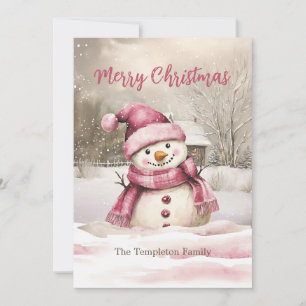Pink Snowman Vintage Christmas Flat Holiday Card
