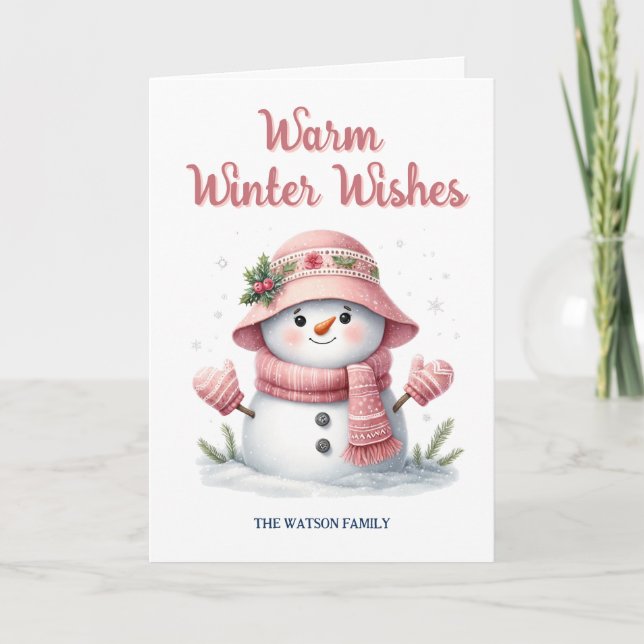Pink Snowman Warm Winter Wishes   Holiday Card (Front)