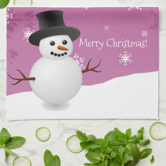 Pink Snowman Winter Scene Christmas Kitchen Towel (Folded)