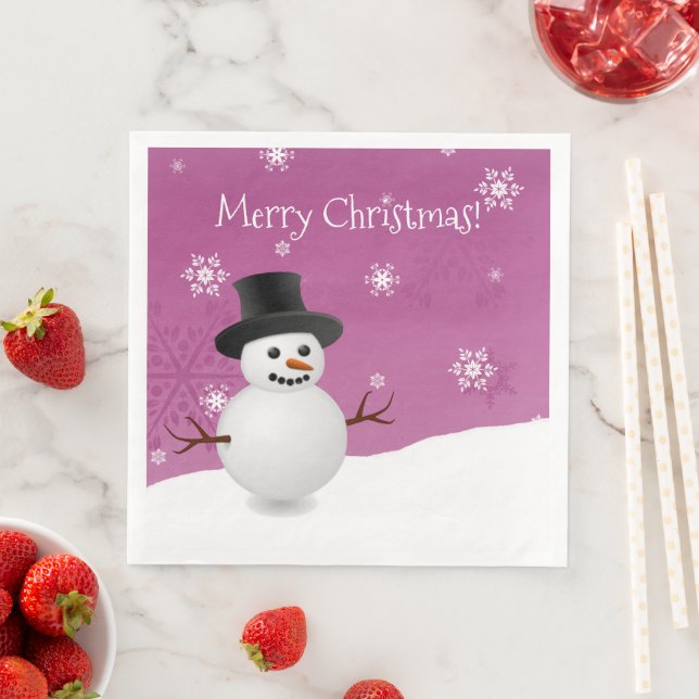 Pink Snowman Winter Scene Christmas Paper Napkin (Insitu)