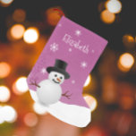 Pink Snowman Winter Scene Christmas Stocking<br><div class="desc">Add a whimsical touch to your mantle this holiday season with a personalized Pink Snowman Winter Scene Christmas Stocking. Stocking design features a happy snowman in a snowy wintry scene against a pink background adorned with matching colour snowflakes. Additional gift and holiday items available with this design as well.</div>