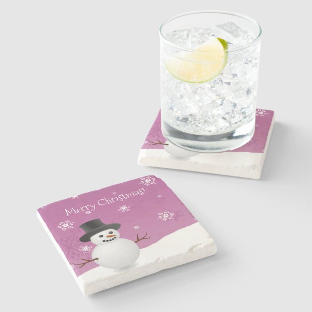 Pink Snowman Winter Scene Christmas Stone Coaster (Side)
