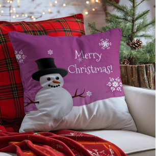 Pink Snowman Winter Scene Christmas Throw Pillow