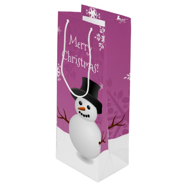 Pink Snowman Winter Scene Christmas Wine Gift Bag (Front Angled)