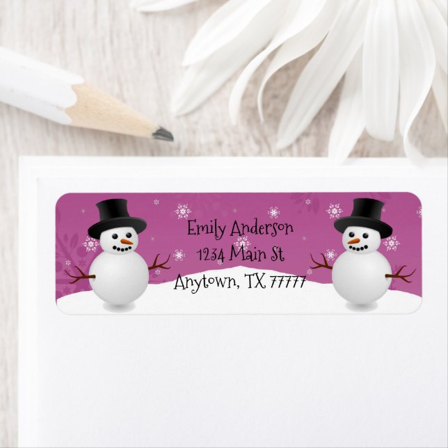Pink Snowman Winter Scene Return Address Label (Insitu)