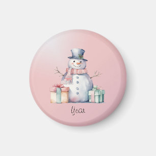 Pink Snowman with Packages Magnet