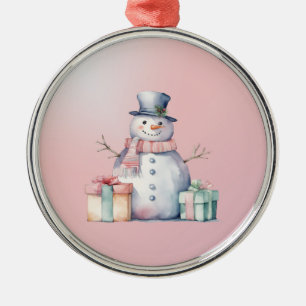 Pink Snowman with Packages Metal Ornament
