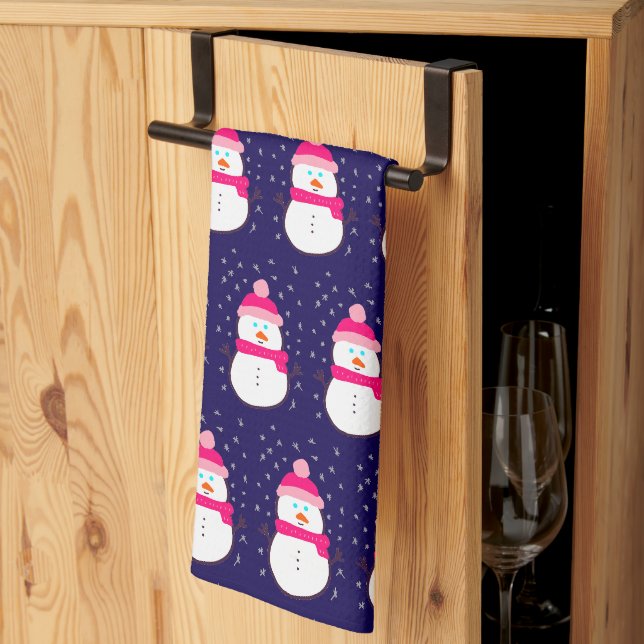 Pink Snowman with Snow Flurry  Kitchen Towel (Thirds Fold)