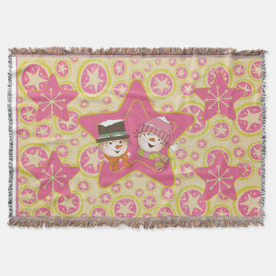 Pink Snowmen and Stars Holiday Throw Blanket