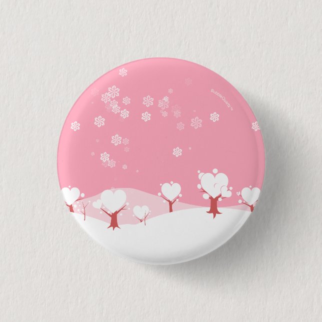 Pink snowy heart trees button (Front)