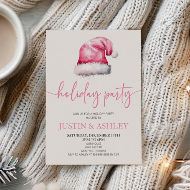 Pink Snowy Santa Hat Christmas Holiday Party Invitation (Creator Uploaded)