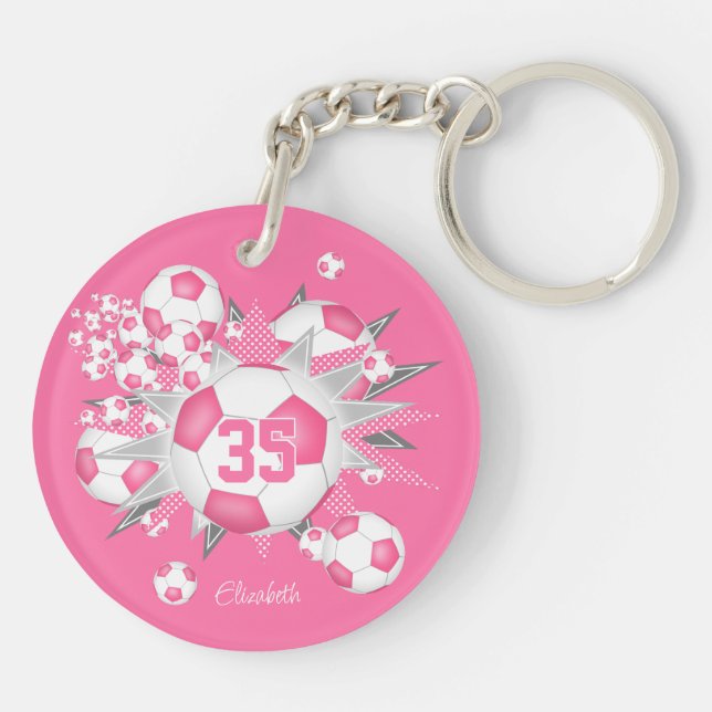 Pink soccer ball blowout girls jersey number keychain (Back)